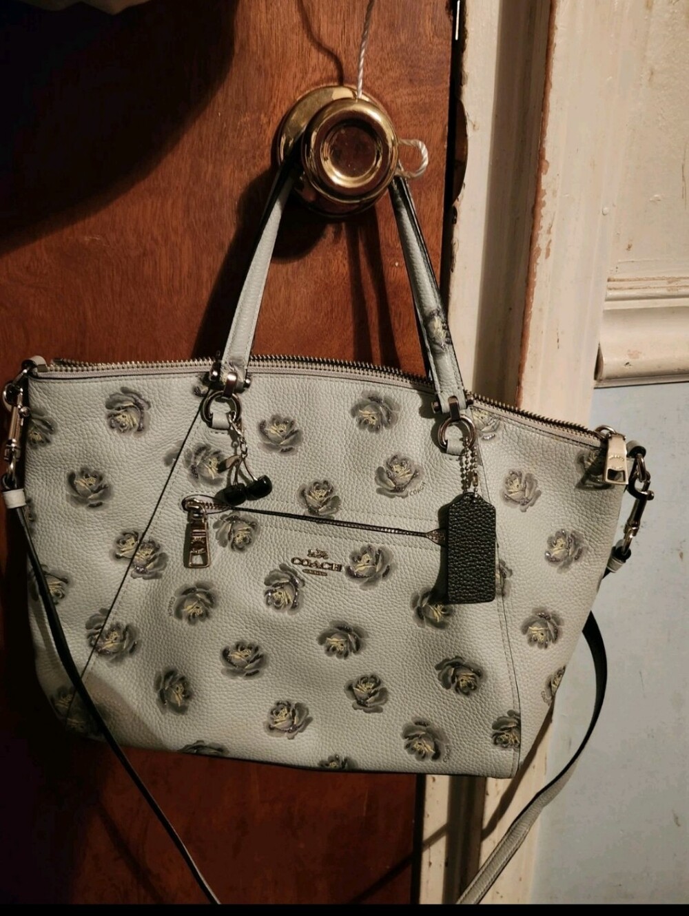 Coach White Floral Embossed Leather Tote with Gray Accents